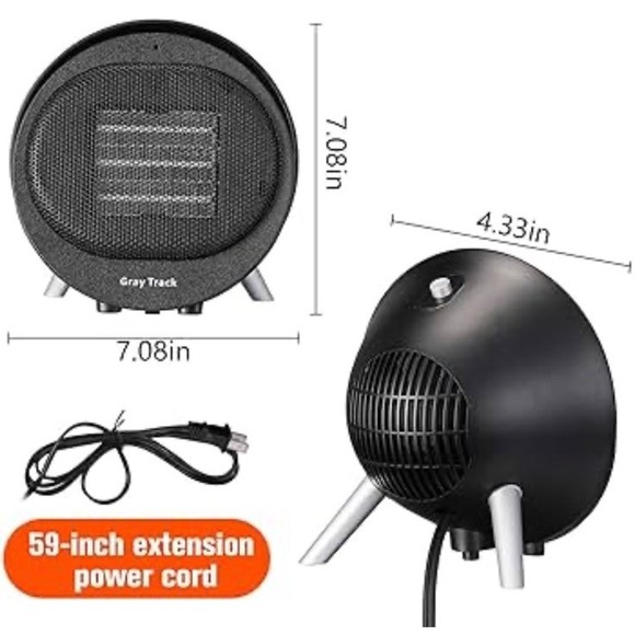 Gray Track Ceramic Small Fan Portable Heater Fast Heating Tip Over Protection - Picture 3 of 6